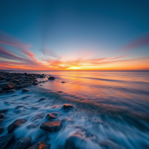 Capture a serene seascape at sunset with gentle waves lapping against rocky shore, long exposure effect to create smooth water texture, using a DSLR camera with a 24mm lens, aperture set to f/11, ISO 100, shutter speed 30 seconds, in landscape orientation, with soft lighting and vivid colors in the sky.