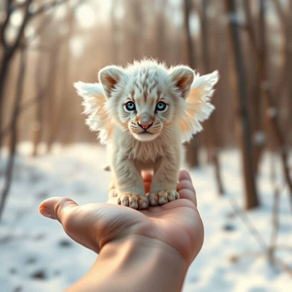 A small, white lion cub with angelic wings standing on a human hand. The cub has a soft, fluffy texture with detailed fur, expressive blue eyes, and a curious expression. The wings are large and feathery, blending seamlessly with its fur, giving an ethereal appearance. The background is a winter forest, with the ground covered in snow and blurred brown trees, creating a serene atmosphere. The human hand in the foreground is positioned palm-up, supporting the lion cub gently, fingers slightly curled. The lighting is soft and diffused, enhancing the tender and magical feel of the scene. Colors are predominantly neutral with white, cream, and soft browns, contrasting with the subtle blue of the lion cub's eyes. The overall composition is balanced, with the cub at the center, creating a focal point that draws the viewer's attention immediately.