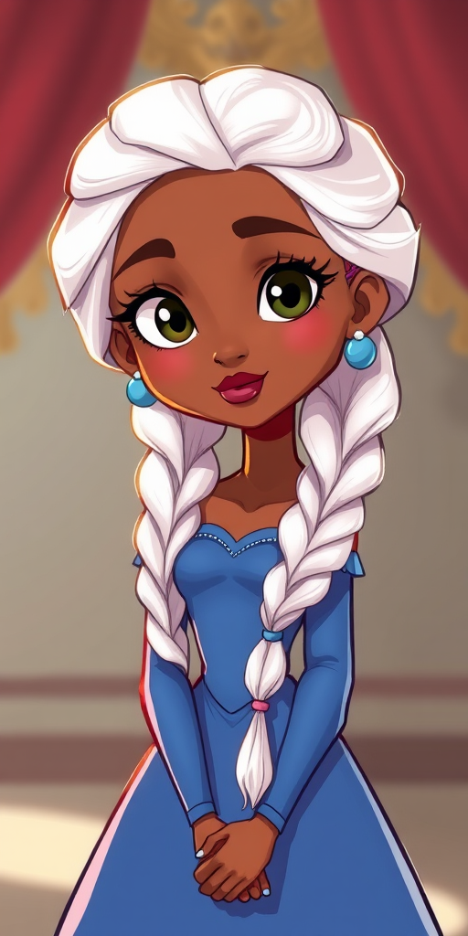 Create an illustration of a cartoon character resembling a princess with brown skin and white hair in a braided style, wearing a blue gown with long sleeves, using a digital art style with a soft focus lens, a 50mm aperture, and vibrant color saturation for enhanced image quality.