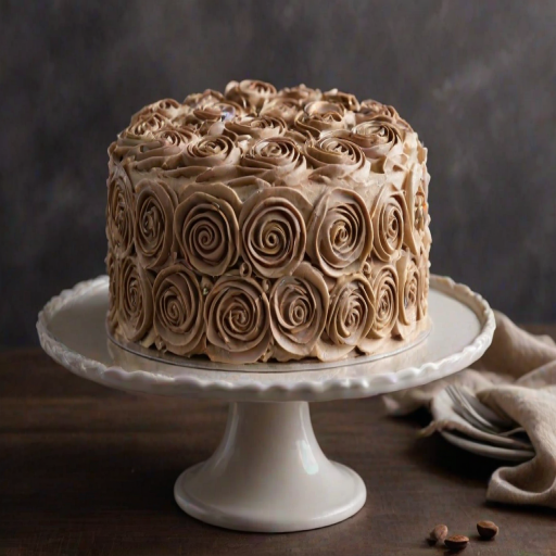 Create an image of a round cake with a textured exterior featuring elegant swirls. The cake is topped with beautifully piped frosting rosettes. Use a color palette of muted browns and creams, and place the cake on a simple, rustic setting with a dark background. Include a hint of coffee or chocolate elements in the scene to enhance the dessert theme.