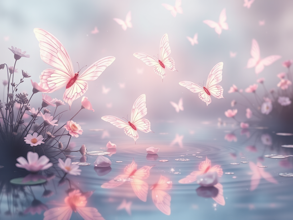 Create a serene fantasy scene featuring ethereal butterflies with glowing wings fluttering around a tranquil pond. The background should include softly lit flowers and delicate plants, all surrounded by a misty ambiance. The color palette should be soft pastels, emphasizing shades of pink, lavender, and light blue, with shimmering reflections on the water's surface.
