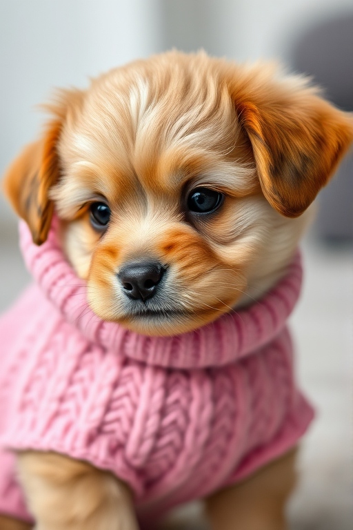 Generate a hyper-realistic image of a small puppy wearing a pink cable-knit sweater, focus on the puppy's expressive eyes and fluffy fur, use a Canon EOS R5, 50mm lens, f/1.8 aperture, ISO 100, shutter speed 1/200 sec, in a soft diffused light setting with a blurred background.