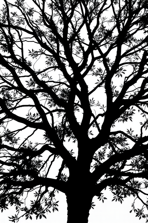 Create a high-resolution image of a stylized black silhouette of a tree with intricate branches and leaves against a white background, using a Canon EOS R5 camera with an aperture of f/8, shutter speed 1/200s, ISO 100, shot in portrait mode with soft natural lighting.