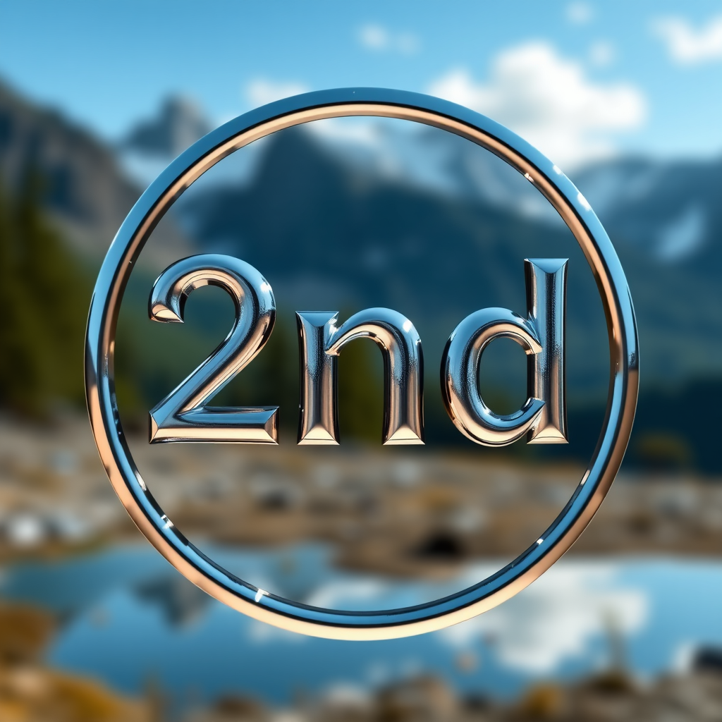 Create an image of the text "2nd" in a shiny, reflective style surrounded by a circular frame, with a blurred mountain landscape in the background, using a DSLR camera with a 50mm lens, f/1.8 aperture, 1/200 sec shutter speed, ISO 100, shot at eye level with natural lighting.