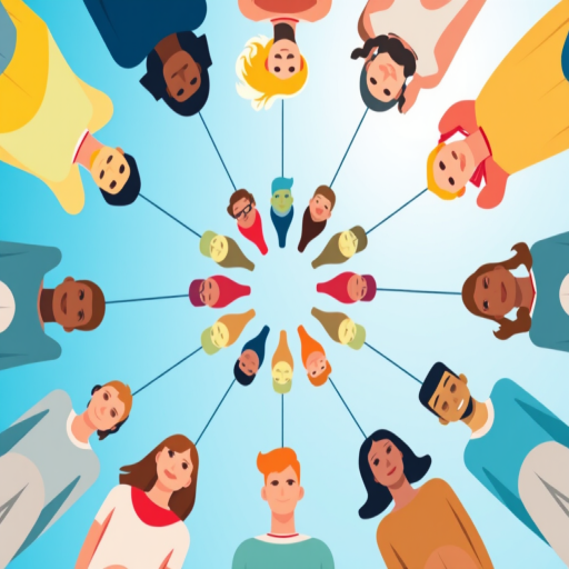 Create an illustration of a diverse group of stylized people connected in a circular network, with a bright blue sky in the background, captured using a Canon EOS R5 with a 50mm lens, aperture set to f/2.8 for a shallow depth of field, vibrant colors and clean vector style.