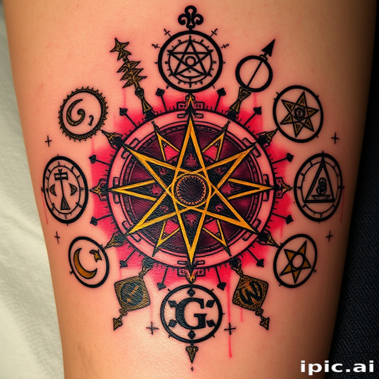 Mysterious "Alchemy Symbols" tattoo features an array of esoteric signs and emblems arranged in a harmonious composition. Deep burgundy and antique gold create a sense of ancient wisdom, while touches of iridescent white ink add a magical glow. Fine linework and subtle shading bring depth to each symbol, creating a piece rich in history and hidden meanings.