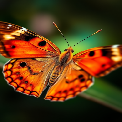 Create an image of a butterfly with a gradient of orange and brown colors, focusing on intricate wing details, shot with a DSLR camera at f/2.8, 1/250s shutter speed, ISO 200, in macro view, ensuring a crisp and vibrant appearance.