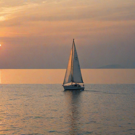 Sharp, high-resolution image of a sailboat gliding through calm waters at sunset, the golden light reflecting off the ocean surface, distant islands barely visible on the horizon, a soft breeze filling the sails, a sense of peace and tranquility captured.