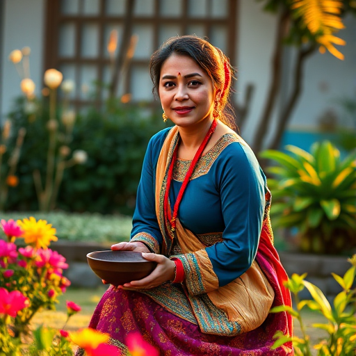 portrait of a woman dressed in traditional attire, kneeling in a garden with a bowl, soft natural lighting, shallow depth of field, 50mm lens, f/1.8 aperture, ISO 100, 1/200 sec shutter speed, DSLR camera, golden hour lighting, vibrant colors