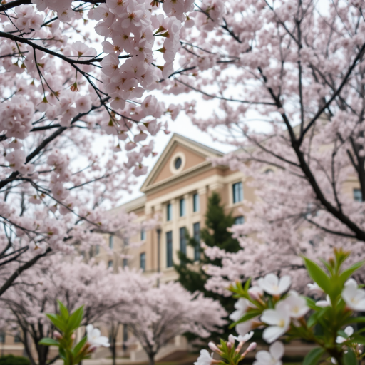 Capture a detailed image of a university building surrounded by blooming cherry blossom trees, using a DSLR camera with a focal length of 50mm, aperture set to f/8 for depth of field, ISO 100 for optimal clarity, and a slight overcast sky for soft lighting, in a low-angle perspective to emphasize the architecture and floral foreground.