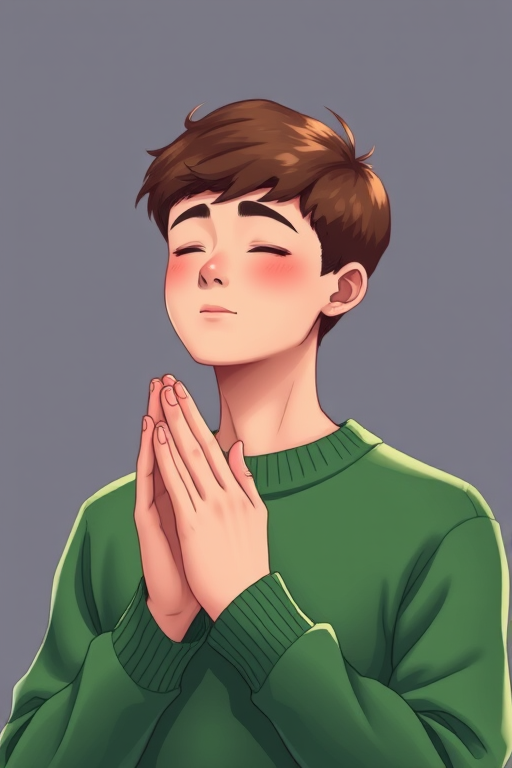 Generate a digital illustration of a young man with short brown hair, wearing a green sweater, praying with his hands clasped together, using a high-resolution digital drawing style, 300 DPI, with a focus on soft lighting and smooth color gradients.
