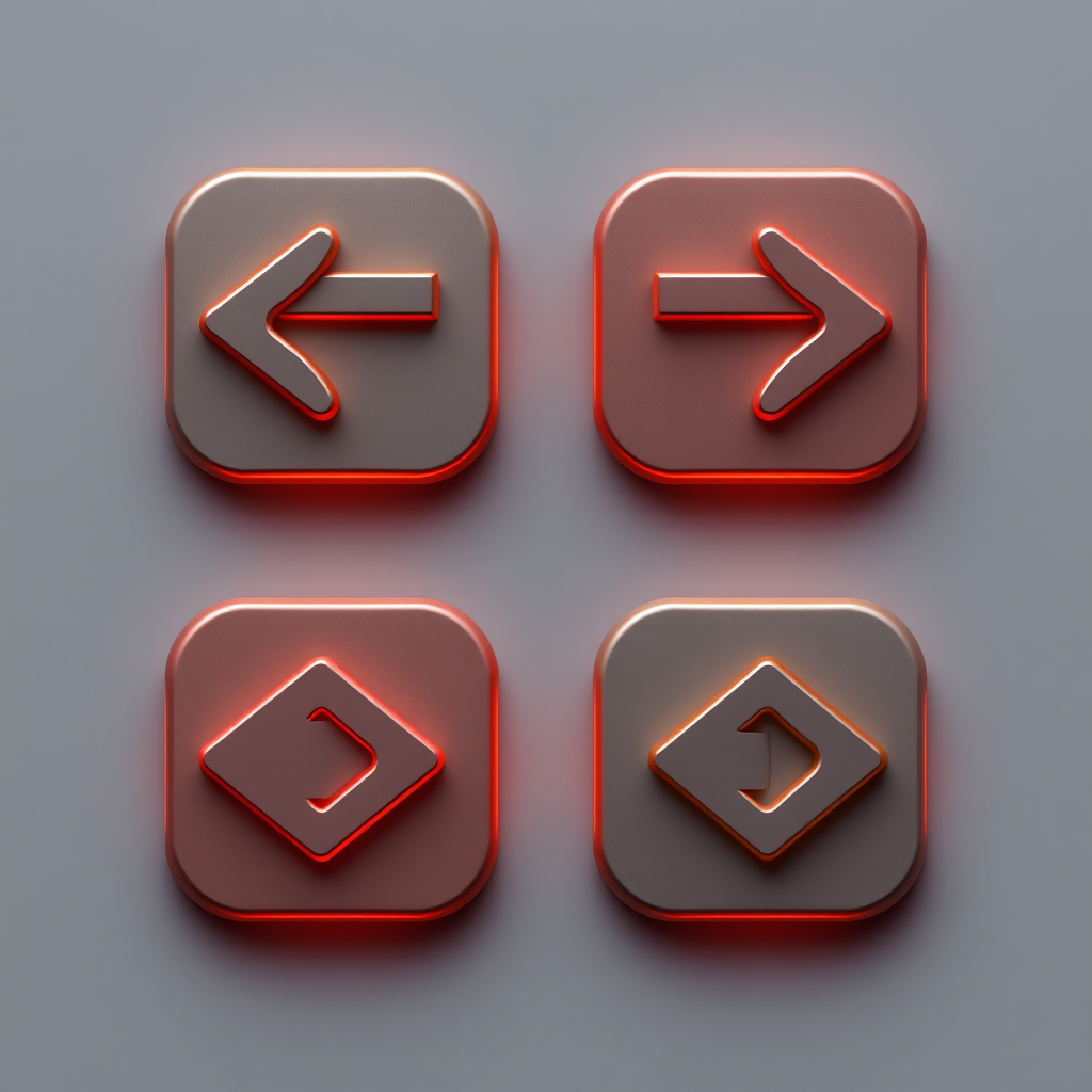 Create a high-resolution digital illustration of four arrow buttons (two left and two right arrows) in a sleek and modern design, with a glossy finish and subtle shadows, using a Canon EOS R5 camera with a 50mm f/1.2 lens, aperture set at f/2.8, ISO 100, and soft diffused lighting to enhance the image quality.