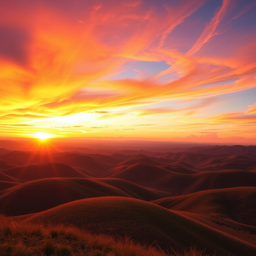 Generate a vibrant landscape image featuring a bold sunset with radiating colors, rolling hills in the foreground, swirling clouds in various hues, captured with a DSLR camera at f/8, ISO 100, 1/200s, wide-angle lens, in vibrant color mode for enhanced saturation.
