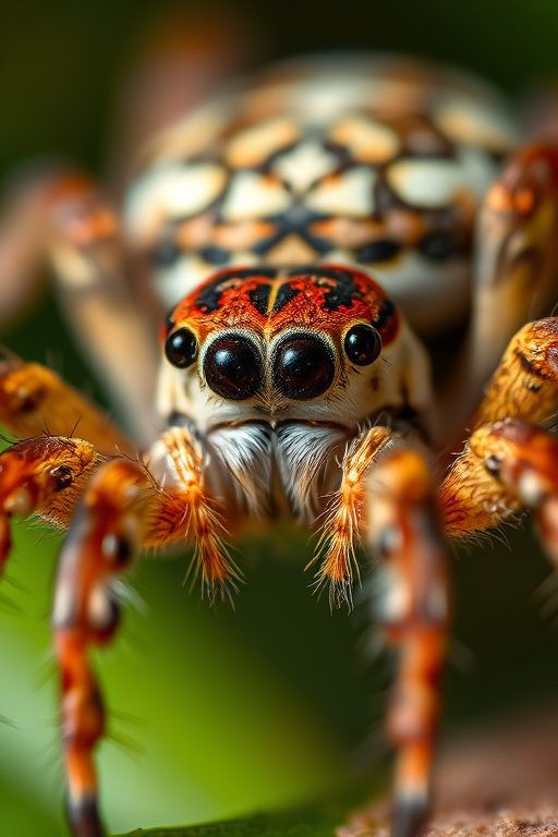 macro shot of a spider with detailed textures, natural lighting, shallow depth of field, f/2.8, 1/200 sec, ISO 100, 100mm lens, shot at eye level, DSLR camera