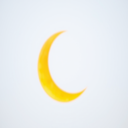 Create a vibrant yellow crescent moon on a white background with a soft focus, using a 50mm lens at f/1.8, ISO 100, and a shallow depth of field for a dreamy effect, shot in natural light with a mirrorless camera.