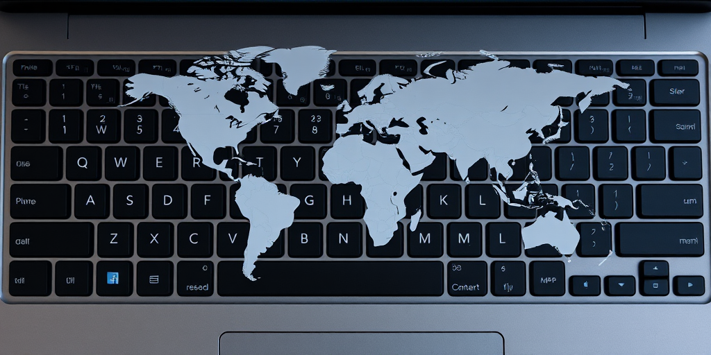 Create an image of a computer keyboard with a translucent world map overlay, using a DSLR camera with a 50mm lens, f/1.8 aperture, ISO 100, shot from a top-down angle, in natural lighting to enhance detail and clarity.