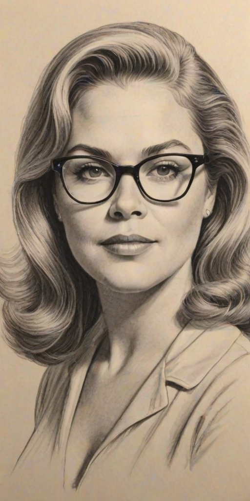 Pleasing Kathleen Turner, pencil sketch, portrait of Beauteous woman 1957s in glasses, hair style beatnik, outline, clear lines, fine lines, 8k