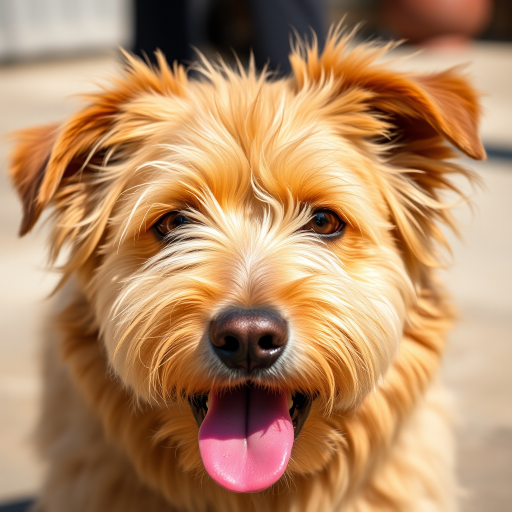 A close-up shot of a golden-brown, scruffy dog with its tongue out, photographed in natural sunlight using a DSLR camera with a 50mm lens, aperture set to f/2.8 for a shallow depth of field, ISO 200, and a shutter speed of 1/200s to capture fine details and vibrant colors.