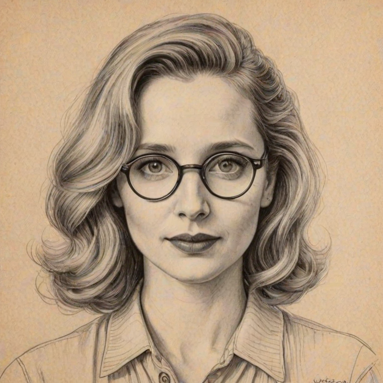 Bewitching Julie Delpy, pencil sketch, portrait of Delightful woman 1930s in glasses, hair style beatnik, outline, clear lines, fine lines, 8k