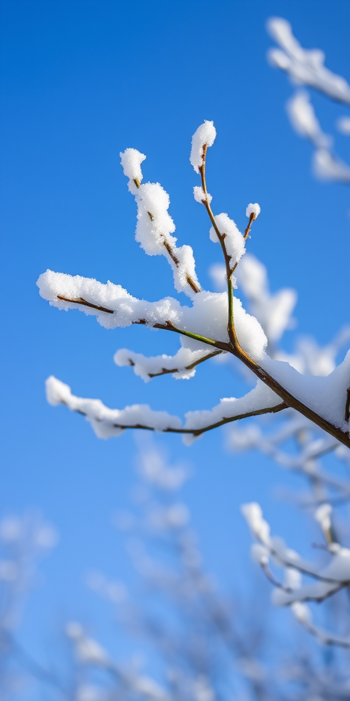 snow-covered branches against a clear blue sky, macro shot, f/2.8, ISO 100, 1/500s, DSLR, natural lighting, focus on snow details