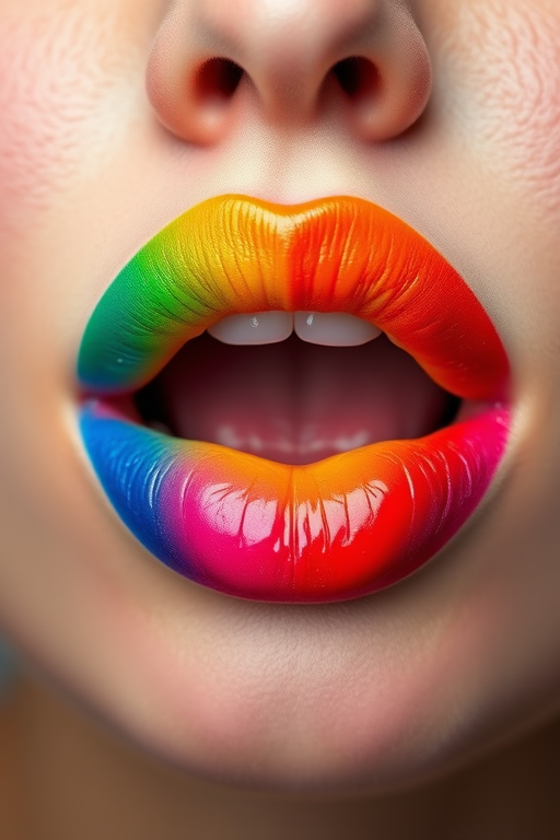 Playful rainbow ombre lips blending vibrant hues seamlessly, showcasing expert color gradation and artistic flair, a true feast for the eyes