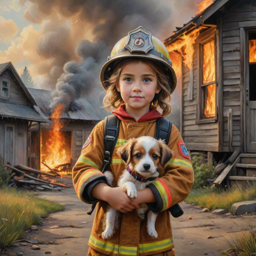 airbrushed oil painting, pixar style, cute little girl in fireman gear, helmet, tousled hair, expressive eyes, standing in the doorstep of a cottage burning behind him, holding a cute little dog in her arm, atumn sky