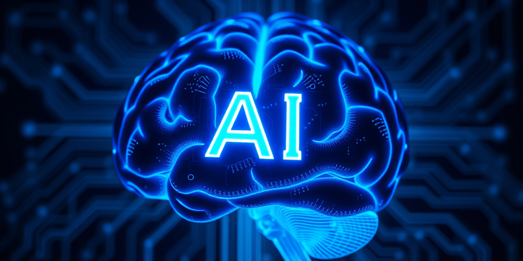 A detailed close-up of a glowing blue brain composed of circuit patterns and the letters AI at the center, with a dark background showcasing intricate electronic pathways, taken with a DSLR camera, f/1.8 aperture, ISO 100, 50mm lens, in macro mode.