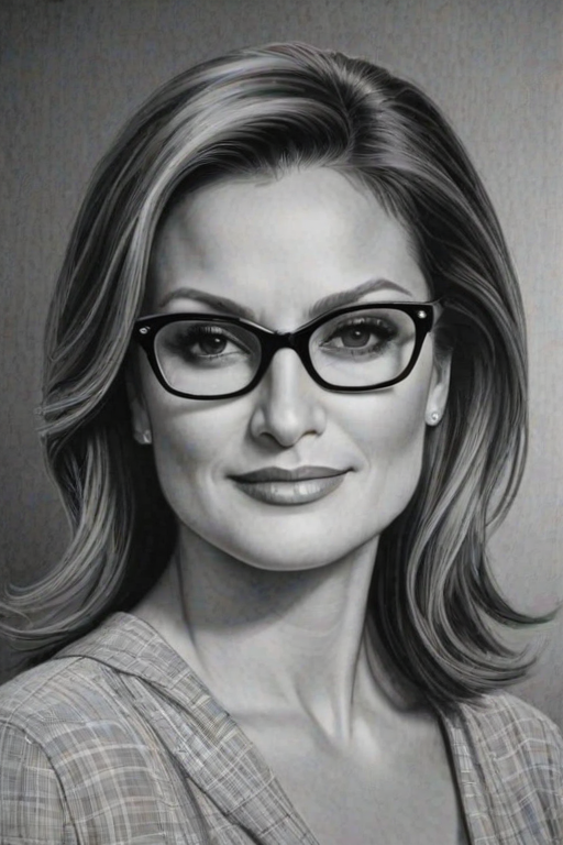 Beauteous Mariska Hargitay, pencil sketch, portrait of Dazzling woman 1958s in glasses, hair style beatnik, outline, clear lines, fine lines, 8k