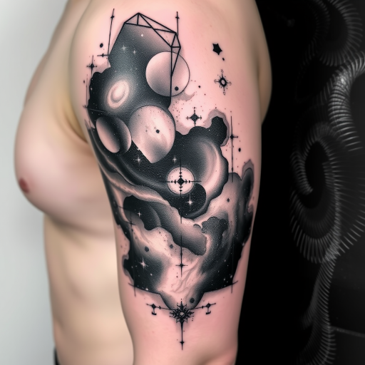 Cosmic black and gray realism tattoo, "Nebula Nocturne," showcasing a hyper-realistic depiction of deep space phenomena like nebulae, galaxies, and star clusters, using various shades of black and gray ink with white