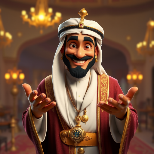 Create a 3D rendering of a wealthy Arab male sheikh from Dubai, inspired by the Disney animation style. The sheikh must have a smile and a playful but wise character. Place your character in an atmosphere of wealth and luxury. The image must be in high resolution format. Dynamic pose above the waist, gesturing with hands (Pixar Art style)++ highly detailed digital painting, art stations, concept art, soft focus, hard focus, illustrations. cinematic, visual effects, HDR, Unreal Engine 5, ray tracing, soft light, 8k, high detail, sparkling backlighting, luxury gem, game art, 3d, cartoon, colorful, magical, mysterious