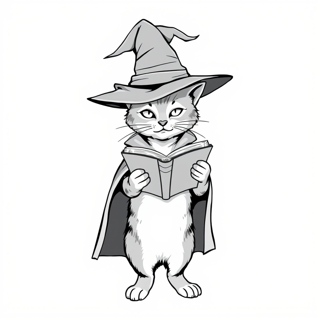 A grayscale illustration of a cat wearing a witch's hat and cloak. The cat is standing on its hind legs and is holding a spellbook in its paws and reading it intently. The hat is tall and pointed, with a wide brim and a pointed top. The cloak is draped over the cat's body, covering its body. The background is plain white, making the cat and the book the focal point of the image.