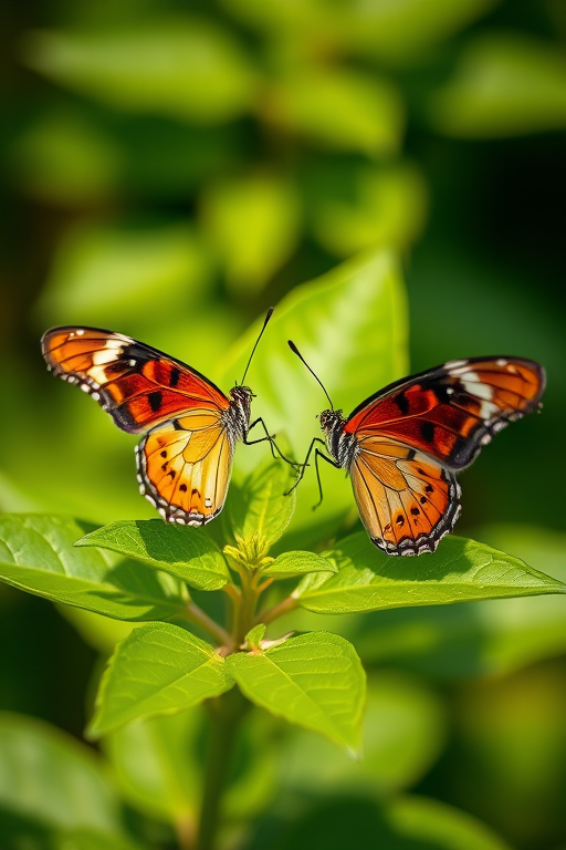 Capture a close-up of two butterflies resting on vibrant green leaves, natural lighting, aperture f/2.8, shutter speed 1/200s, ISO 100, macro lens, DSLR camera, shallow depth of field.