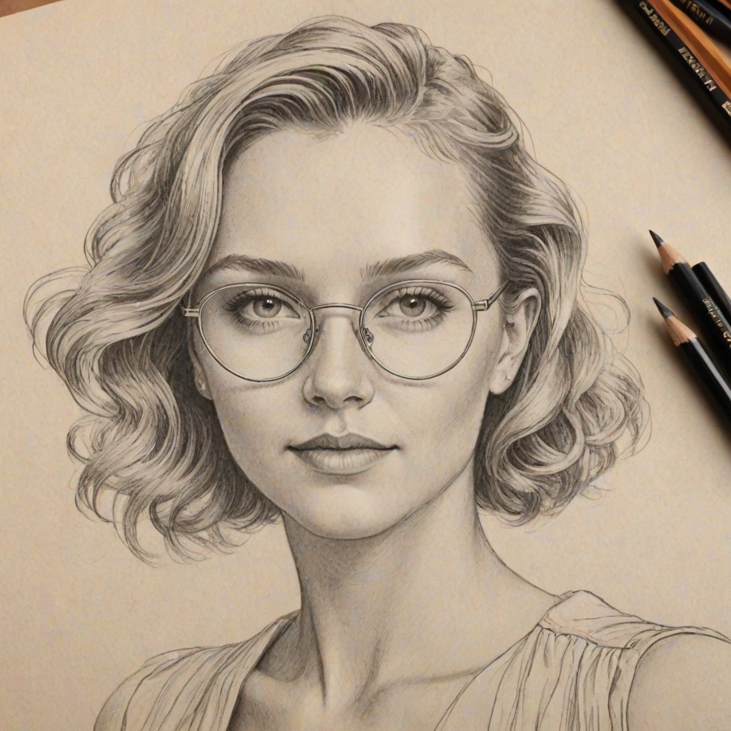 Fetching Camille Kostek, pencil sketch, portrait of Stunning woman 1926s in glasses, hair style beatnik, outline, clear lines, fine lines, 8k