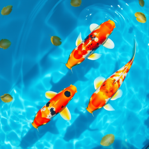 Create a serene underwater scene featuring colorful koi fish swimming gracefully in clear blue water surrounded by gentle ripples and floating leaves with sunlight filtering through the surface creating a tranquil atmosphere.