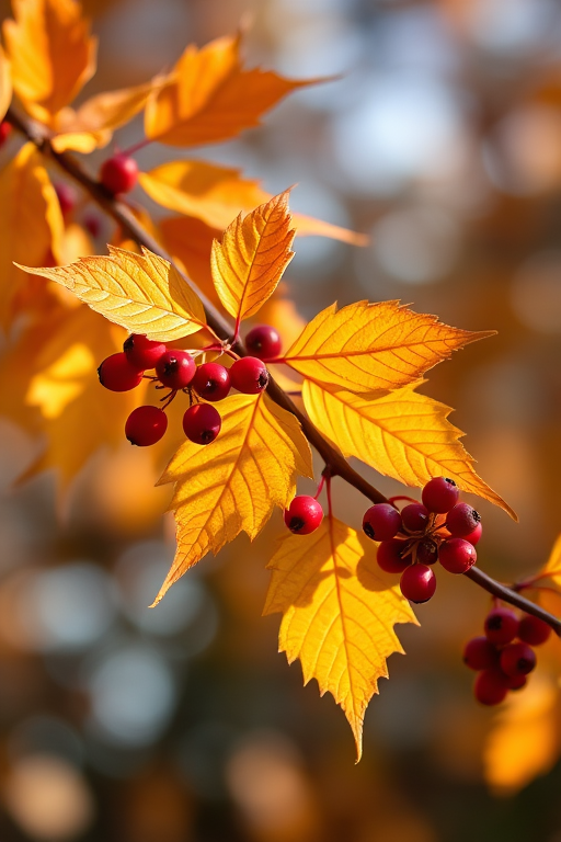 Close-up of autumn leaves and berries on a branch, shallow depth of field, natural light, Canon EOS R, 85mm lens, f/2.8, ISO 200, 1/250 sec.