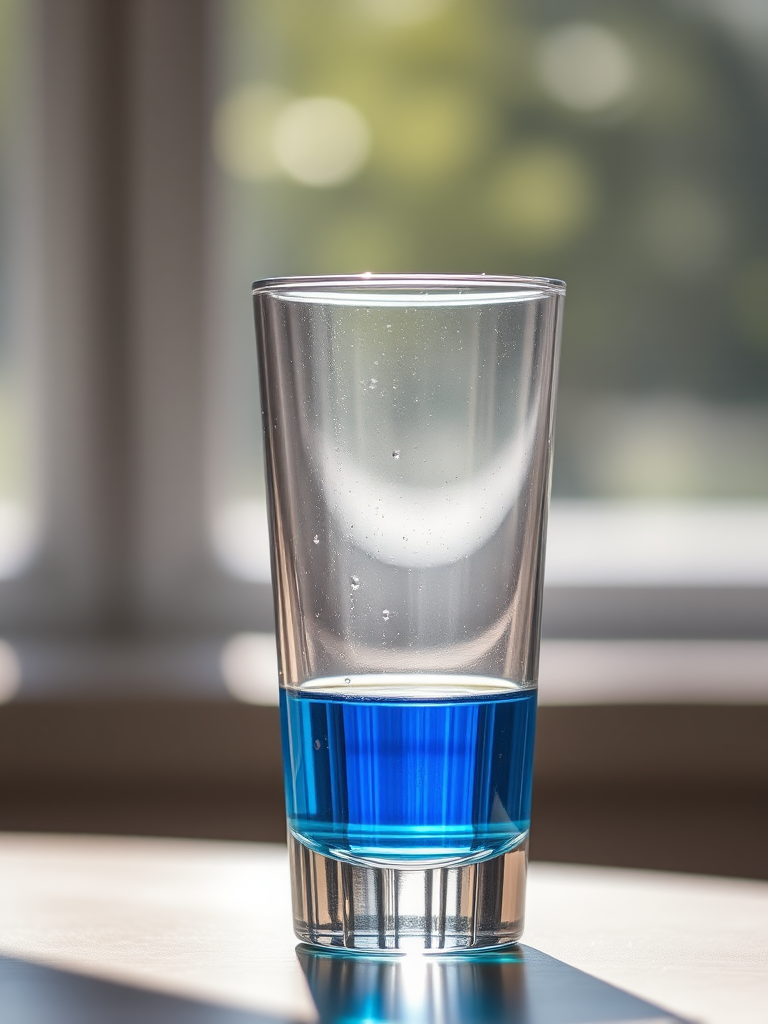 Create an image of a clear glass with blue liquid, shot with a DSLR camera at f/4 aperture, 50mm lens, with a shallow depth of field, bright natural lighting, and a 200 ISO setting to enhance clarity and detail.