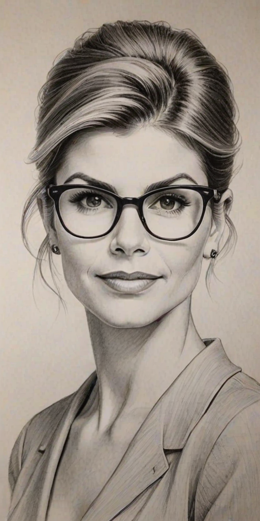 Superb Lori Loughlin, pencil sketch, portrait of Beauteous woman 1940s in glasses, hair style beatnik, outline, clear lines, fine lines, 8k