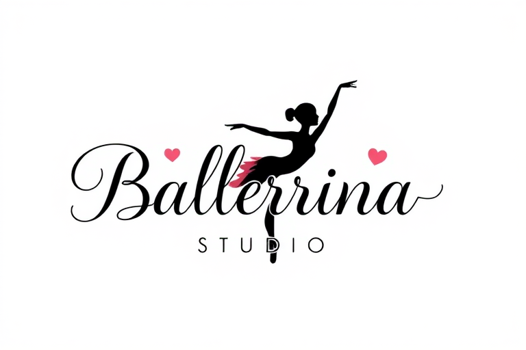 Create a high-resolution logo design for "Ballerina Studio" featuring elegant script typography, a silhouette of a ballerina in a graceful pose, and soft pink accents, captured with a DSLR, 50mm lens, f/1.8 aperture, ISO 100, natural lighting, and a minimalistic background to enhance clarity.