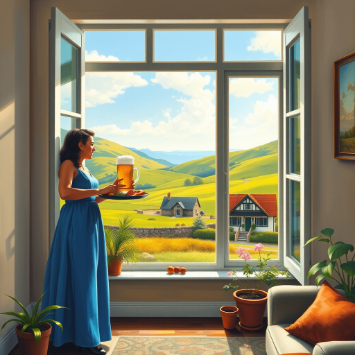 In "A Glass of Beer on the Highland," a serene scene is depicted in a sunlit room where a woman in a vibrant blue dress stands by a large window. She holds a tray with a hearty meal and a frothy glass of beer, embodying a moment of relaxation. Outside, the breathtaking highland landscape features rolling green hills and a charming traditional house, all bathed in warm afternoon light. The interior is adorned with potted plants, creating a harmonious blend of comfort and nature. The painting beautifully captures the tranquility and joy found in simple pleasures amidst stunning scenery