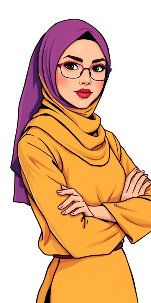 Create a vibrant illustration of a confident woman wearing a hijab, standing with her arms crossed, set against a clean white background, using a Canon EOS R5 camera, 50mm lens, f/1.8 aperture, 1/200s shutter speed, and ISO 100 for optimal sharpness and detail.