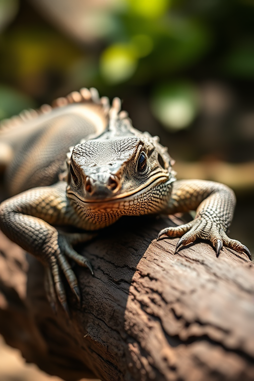a close-up of a Komodo dragon resting on a log in natural lighting, focus on texture and detail, 50mm lens, aperture f/2.8, ISO 200, shot in portrait orientation with a shallow depth of field, using a DSLR camera