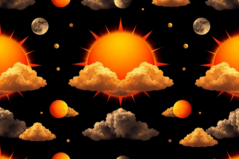Seamless pattern of sun, moon, and clouds on a black background, vivid colors, high resolution, macro lens, f/4 aperture, ISO 100, 50mm focal length, natural lighting, DSLR camera.