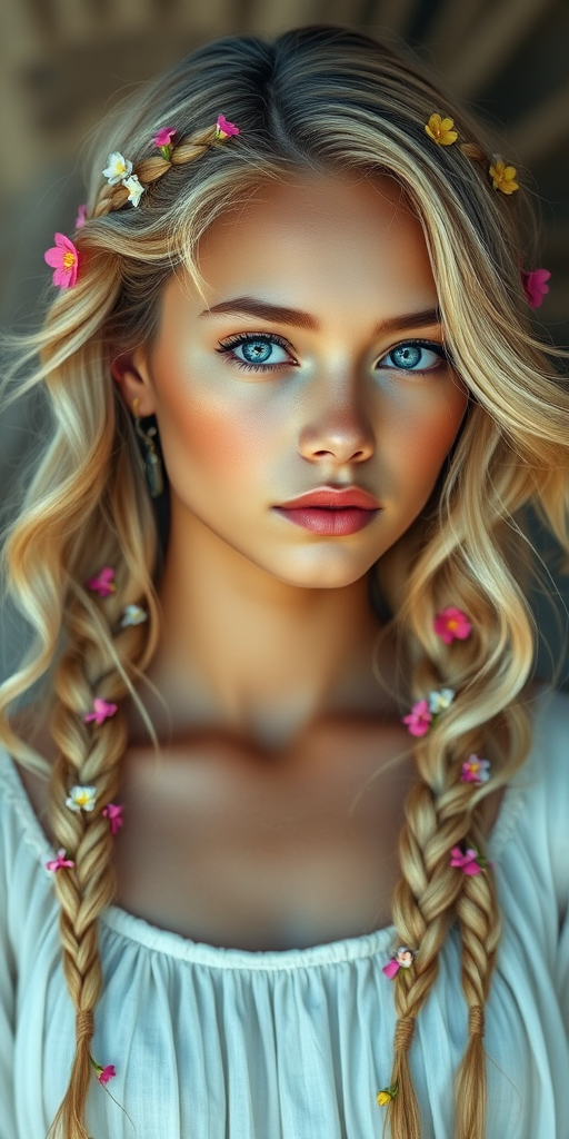 Create an image of a young Micronesian woman with long, wavy blonde hair, adorned with small, colorful flowers woven into her braids and loose strands. Her complexion is fair, with soft, glowing skin, and she has light blue eyes that gaze softly at the viewer. She wears a light, flowing dress with a gentle, ethereal quality, complementing her delicate and serene appearance. The background is slightly blurred, drawing focus to her tranquil expression and the intricate details of the flowers in her hair. The overall mood of the image is one of natural beauty and grace, evoking a sense of peacefulness and connection with nature.