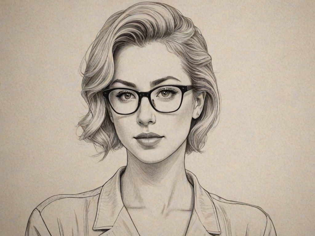Elegant Iliza Shlesinger, pencil sketch, portrait of Comely woman 1945s in glasses, hair style beatnik, outline, clear lines, fine lines, 8k