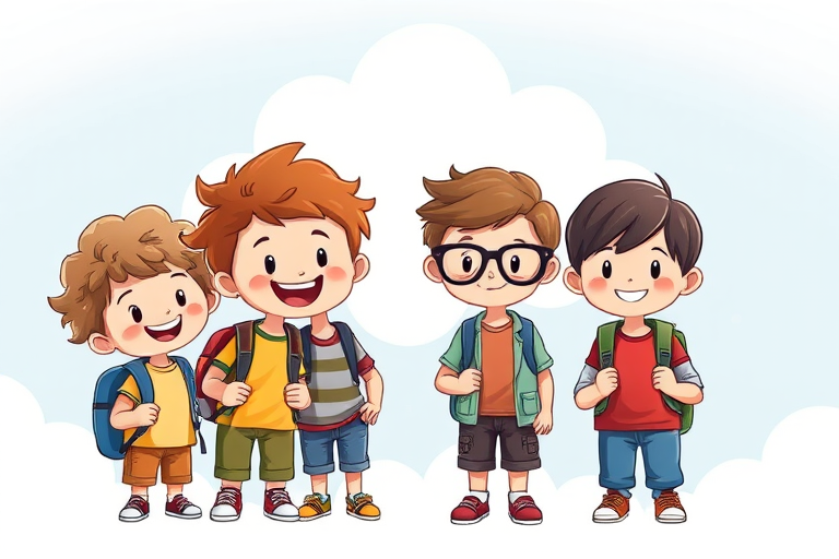 Generate an illustration of four cartoon children, two boys with curly hair and backpacks, one girl with glasses, and one boy with straight hair, all smiling together in front of a fluffy cloud with a blank space for text, using a bright and cheerful color palette, shot with a Canon EOS R5 at f/8, ISO 100, 24mm lens, in a vibrant, high-resolution style.