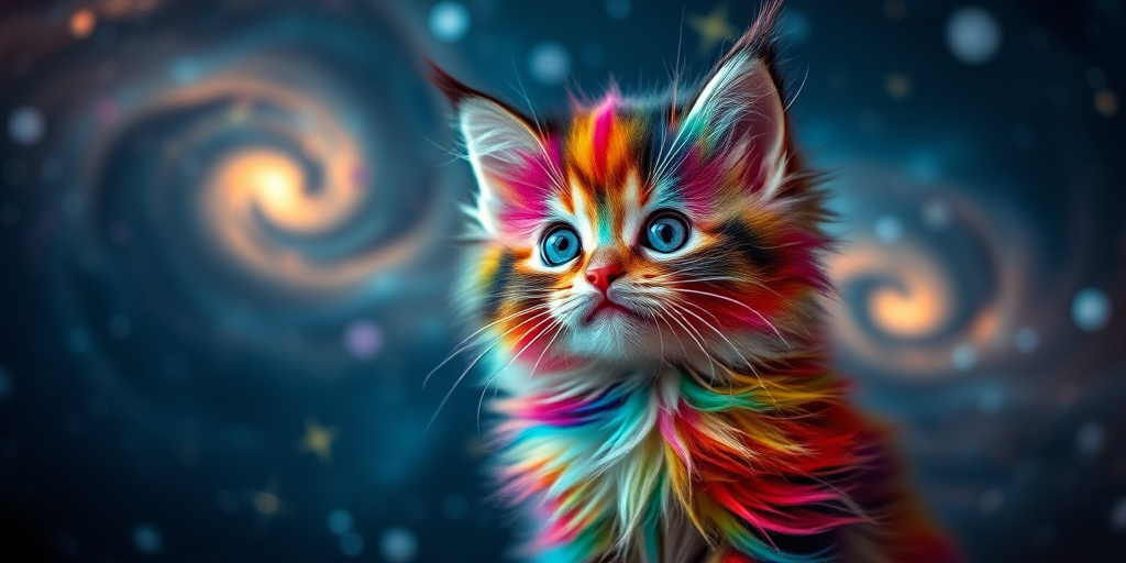A colorful fluffy kitten with a vibrant rainbow fur pattern and glowing eyes, set against a cosmic background filled with swirling galaxies and stars, captured with a Canon EOS R5, 50mm lens, f/1.8 aperture, ISO 100, low-angle view, soft focus background for depth, high dynamic range for enhanced color saturation.