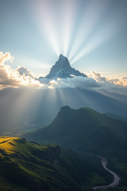 high-resolution landscape photo of a majestic mountain peak with clouds and sunlight piercing through, lush green valleys and a winding river below, early morning light, taken with a Canon EOS R5, 24-70mm f/2.8 lens, f/8 aperture, ISO 100, 1/250 sec shutter speed, vibrant colors and high dynamic range, wide-angle view