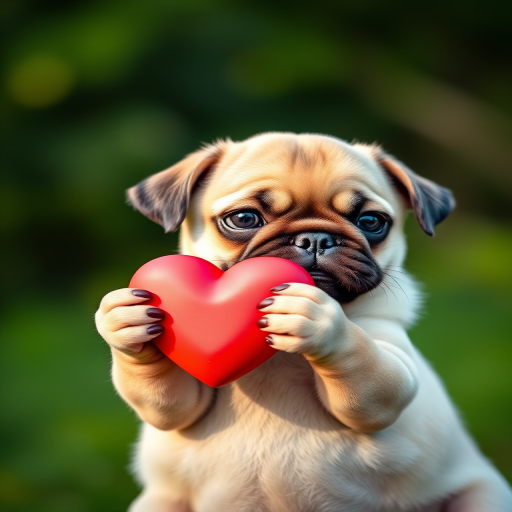 A cute pug puppy holding a red heart in its paws, softly lit, with a blurred green background, shot with a Canon EOS R5, 50mm lens, f/1.8 aperture, ISO 100, in a natural light setting to enhance details and depth.