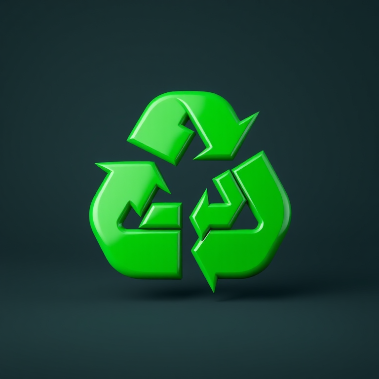 Create an image of a green recycling symbol in a 3D style, focusing on a glossy finish and vibrant color, using a Canon EOS R camera with a 50mm lens, f/2.8 aperture, ISO 100, and a slight tilt for a dynamic perspective.