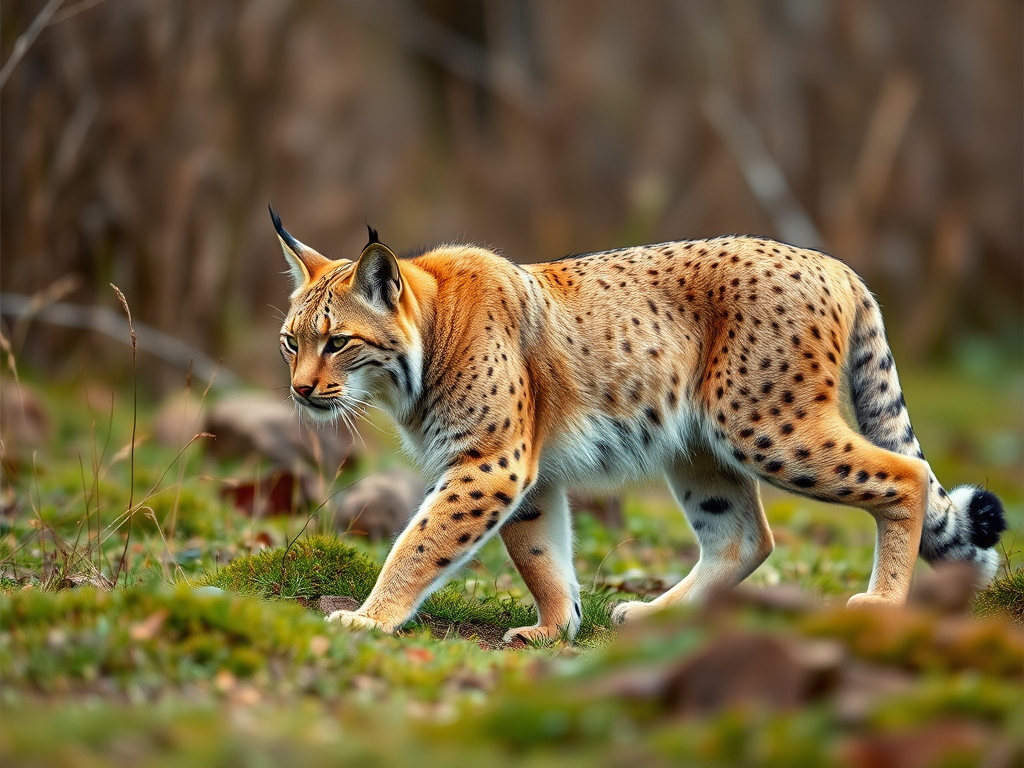 lynx walking in a natural habitat, Canon EOS R5, 85mm f/1.2 lens, ISO 100, f/2.8, 1/500s, shallow depth of field, side profile view, high-resolution image